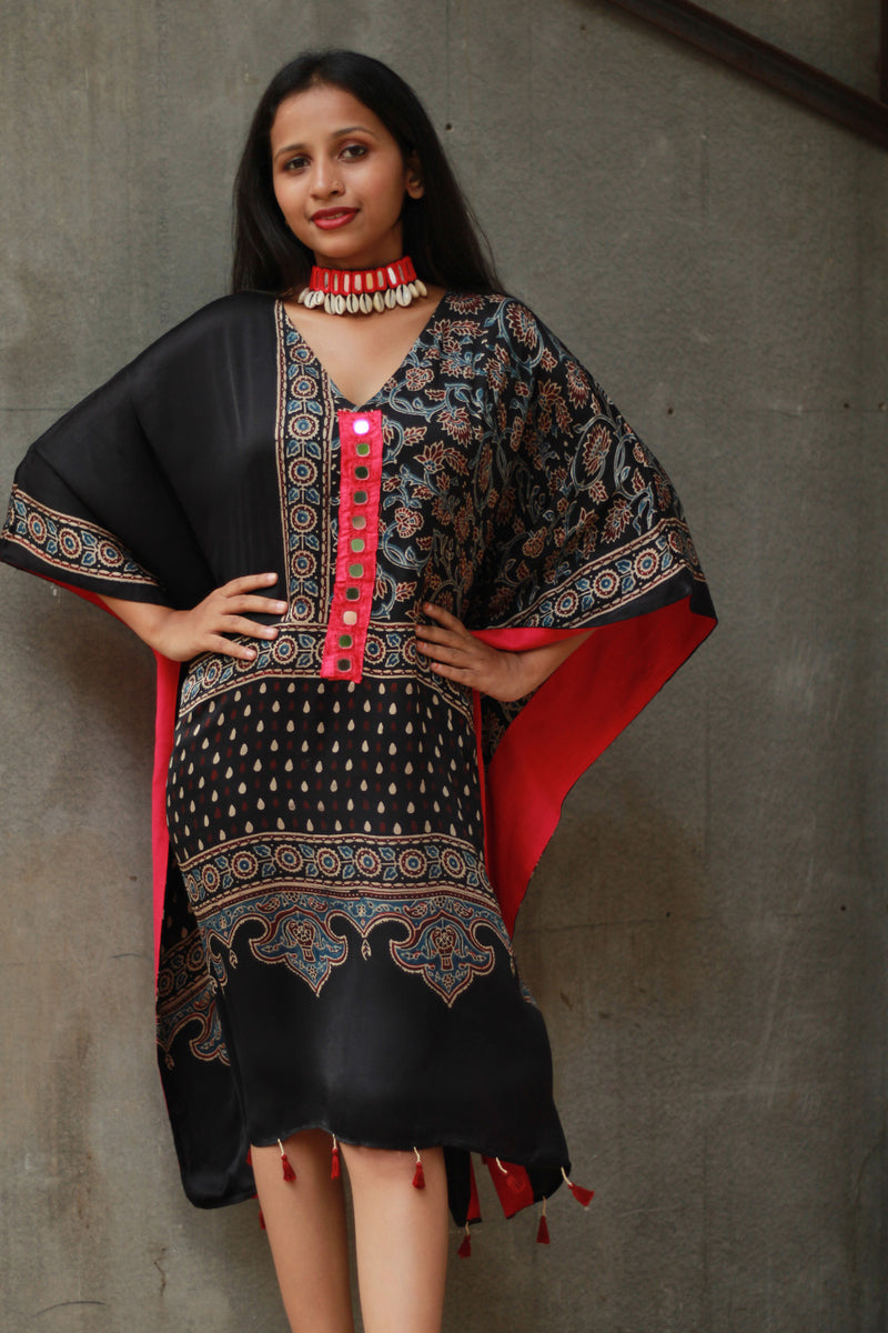 Banjara Sitaara | Modal Silk Kaftan | Noir Floral Ajrakh