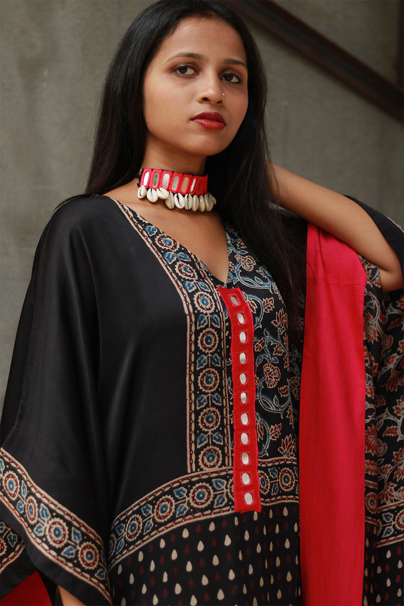 Banjara Sitaara | Modal Silk Kaftan | Noir Floral Ajrakh
