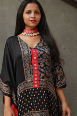 Banjara Sitaara | Modal Silk Kaftan | Noir Floral Ajrakh
