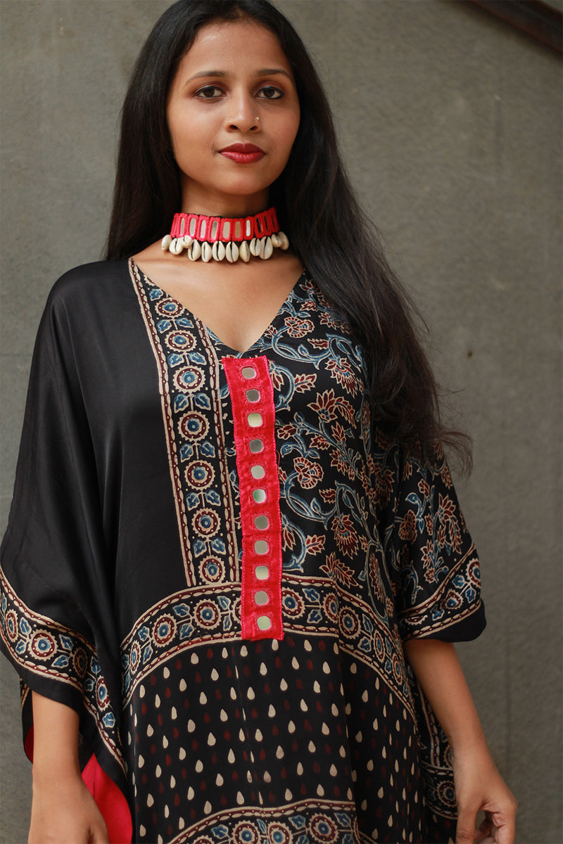Banjara Sitaara | Modal Silk Kaftan | Noir Floral Ajrakh