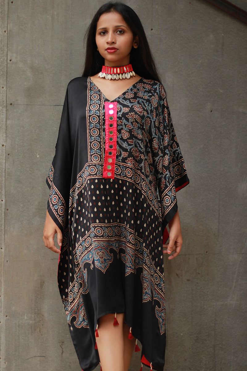 Banjara Sitaara | Modal Silk Kaftan | Noir Floral Ajrakh
