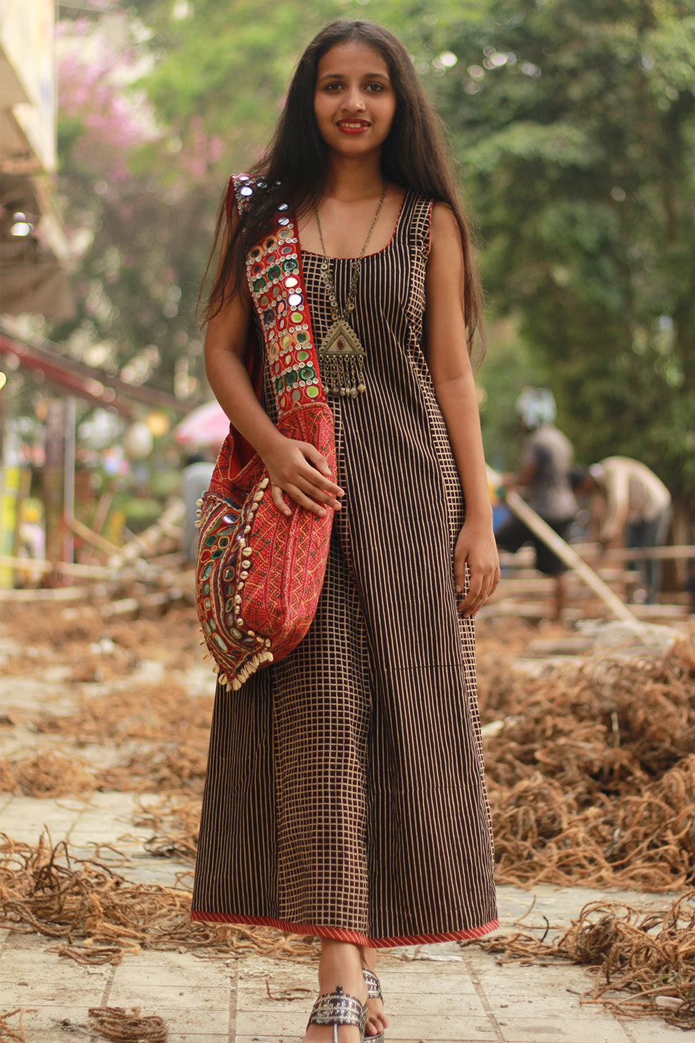 Dhaariyan | Sleeveless Kali Dress | Noir Checks & Stripes Ajrakh