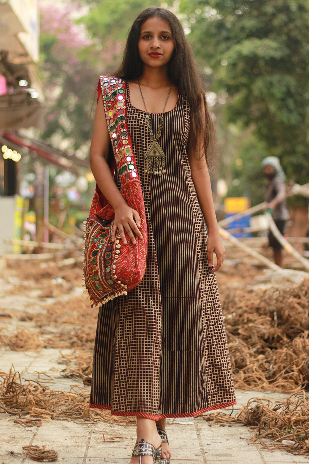 Dhaariyan | Sleeveless Kali Dress | Noir Checks & Stripes Ajrakh