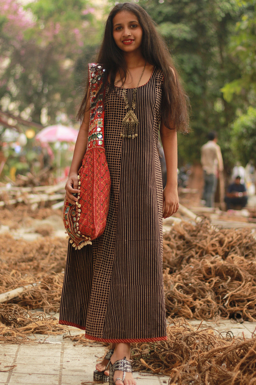 Dhaariyan | Sleeveless Kali Dress | Noir Checks & Stripes Ajrakh