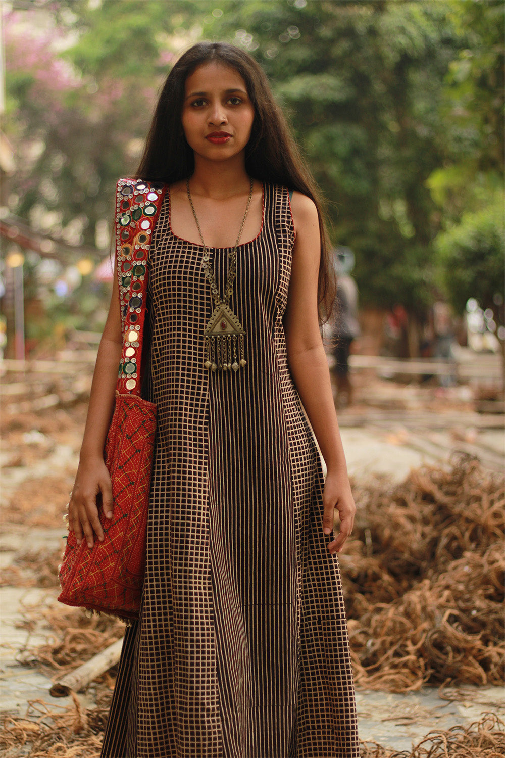 Dhaariyan | Sleeveless Kali Dress | Noir Checks & Stripes Ajrakh