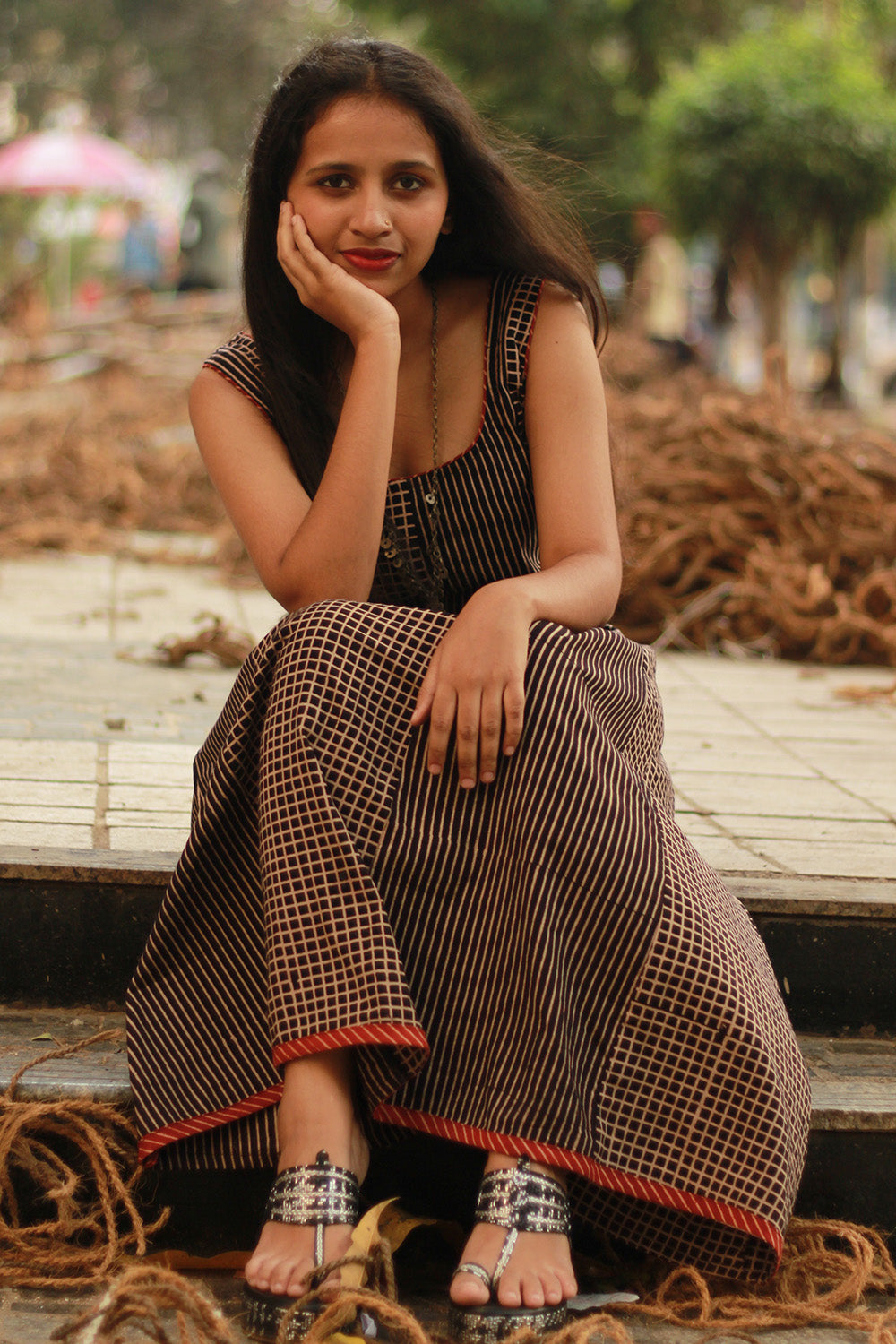 Dhaariyan | Sleeveless Kali Dress | Noir Checks & Stripes Ajrakh