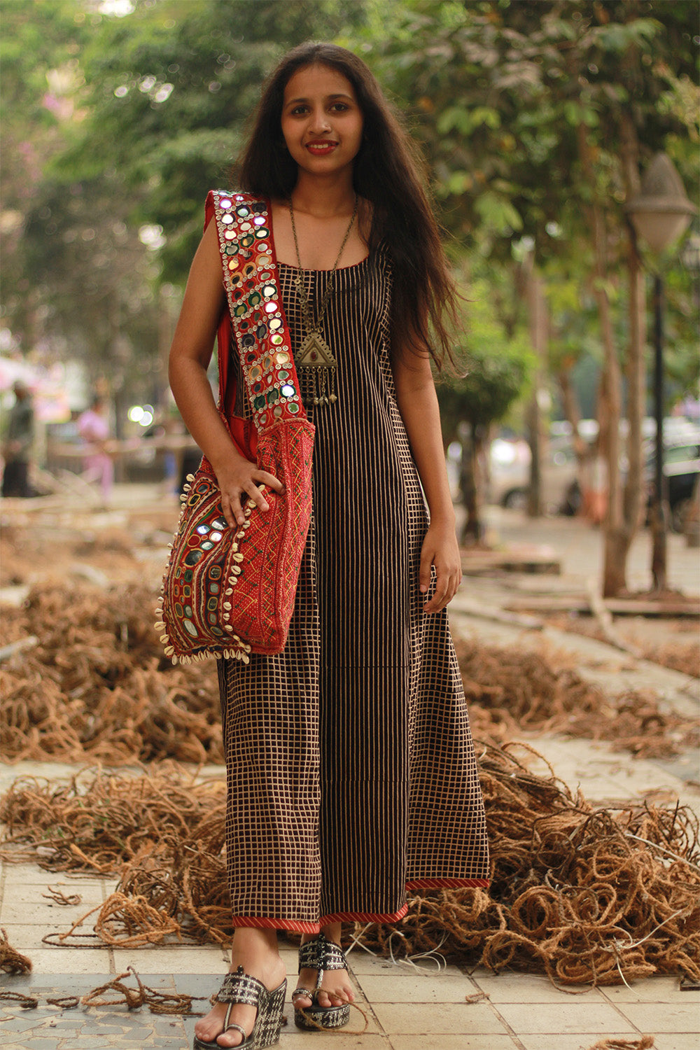 Dhaariyan | Sleeveless Kali Dress | Noir Checks & Stripes Ajrakh