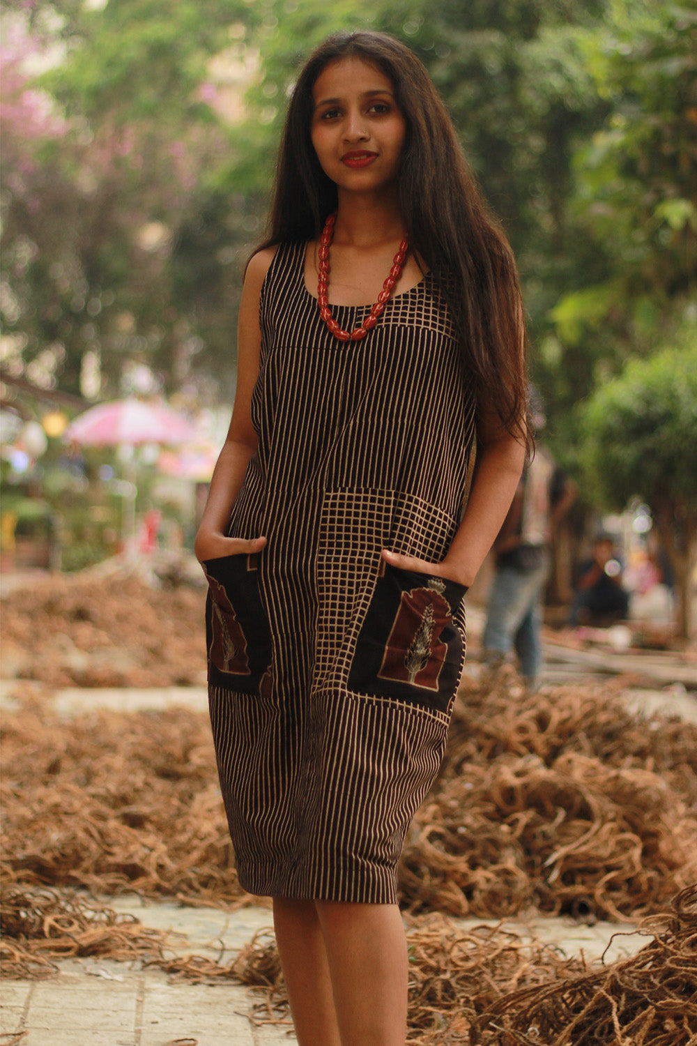 Dhaariyan | Sleeveless Short Dress | Noir Checks Ajrakh