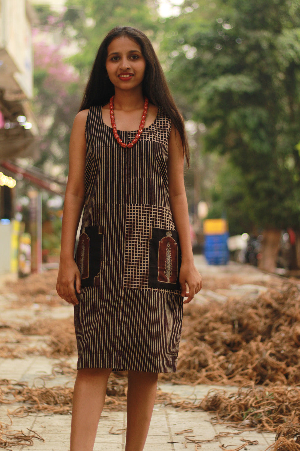 Dhaariyan | Sleeveless Short Dress | Noir Checks Ajrakh