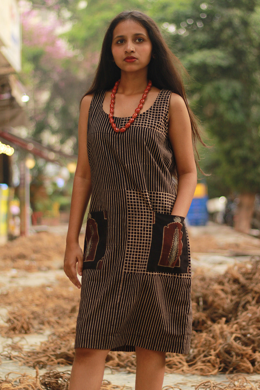 Dhaariyan | Sleeveless Short Dress | Noir Checks Ajrakh