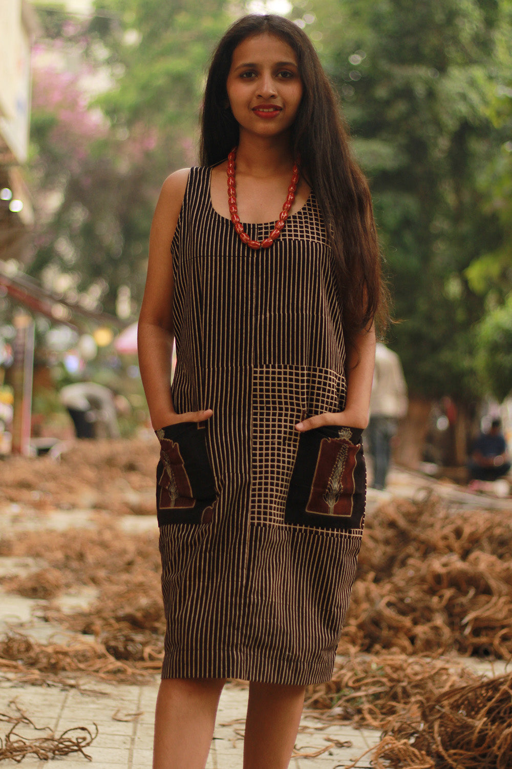 Dhaariyan | Sleeveless Short Dress | Noir Checks Ajrakh
