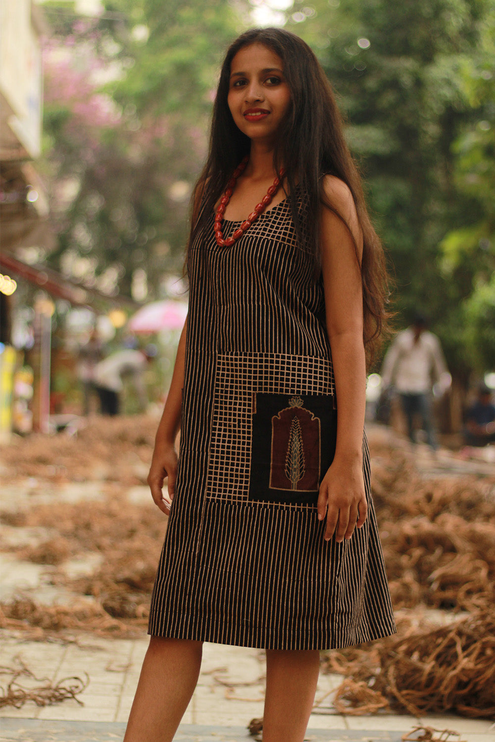 Dhaariyan | Sleeveless Short Dress | Noir Checks Ajrakh