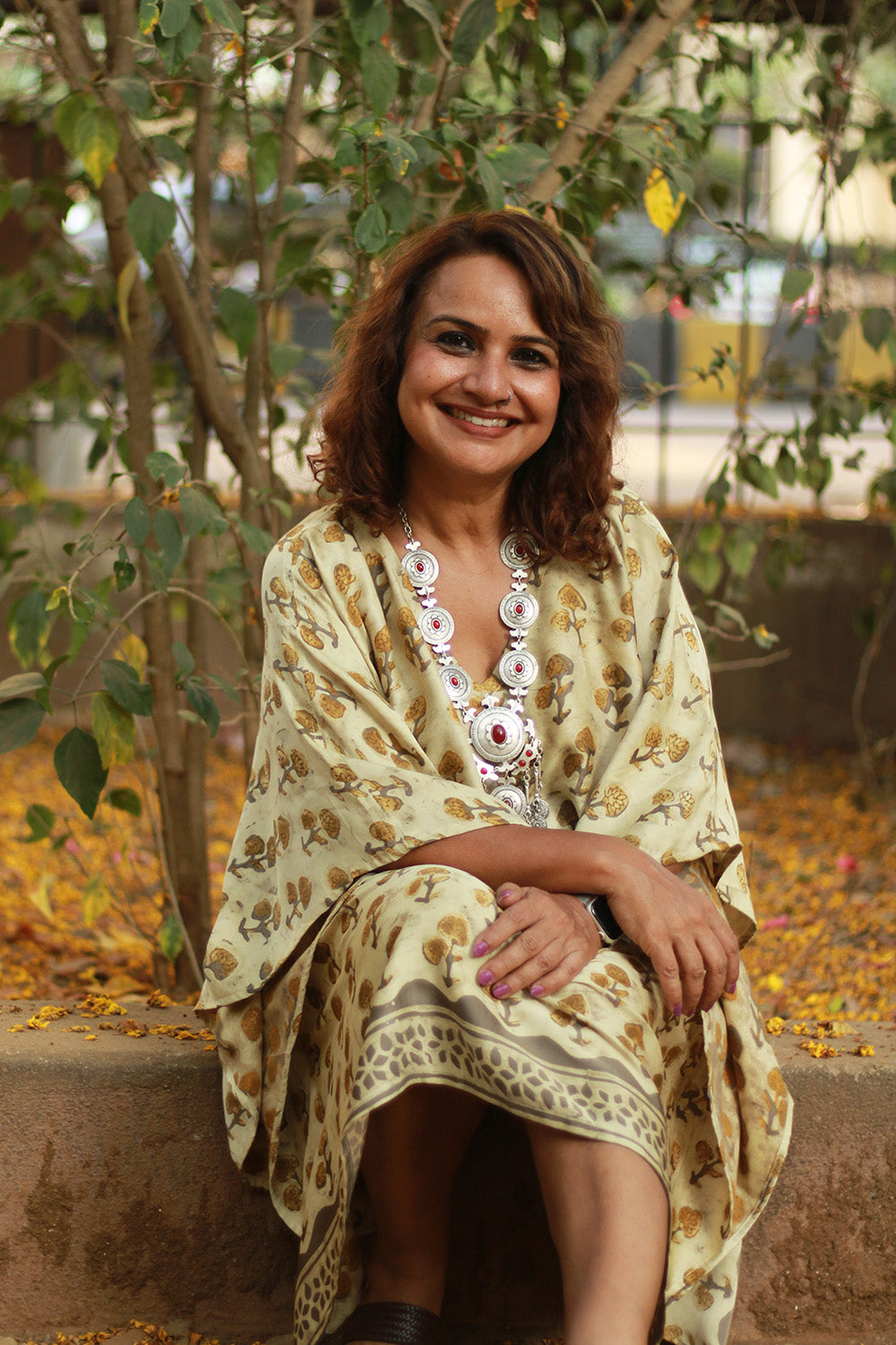 Sitaara | Modal Silk Kaftan | Almond Bagru Vanaspati