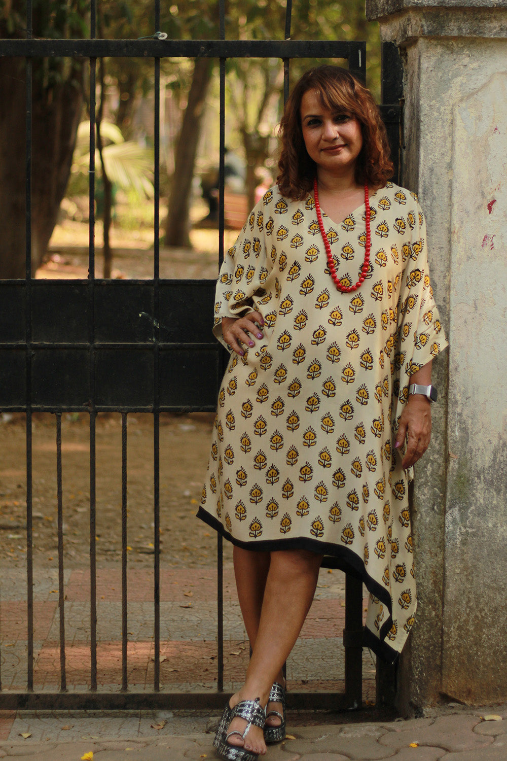 Sitaara | Modal Silk Kaftan | Yellow Flowers Bagru