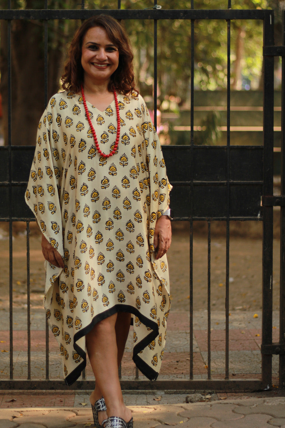 Sitaara | Modal Silk Kaftan | Yellow Flowers Bagru