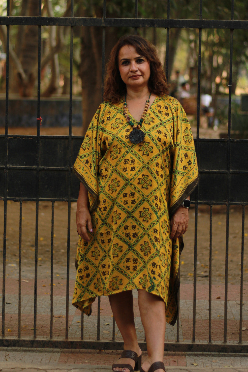 Sitaara | Modal Silk Kaftan | Mustard Floral Ajrakh