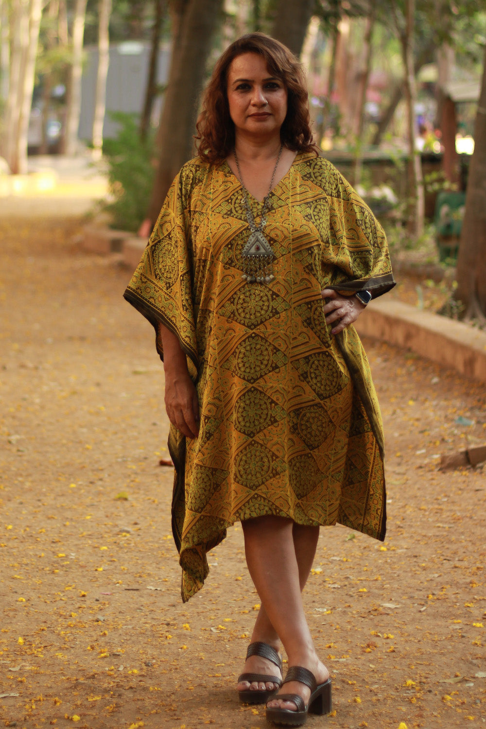 Sitaara | Modal Silk Kaftan | Yellow Geometric Ajrakh