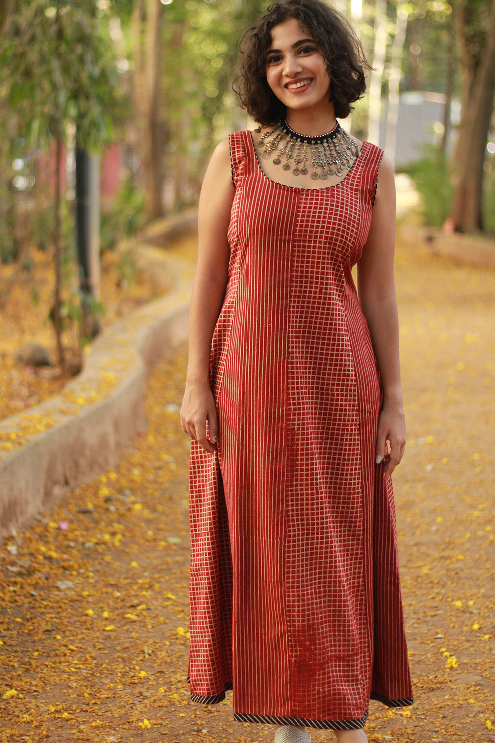 Dhaariyan | Sleeveless Kali Dress | Madder Stripes Ajrakh