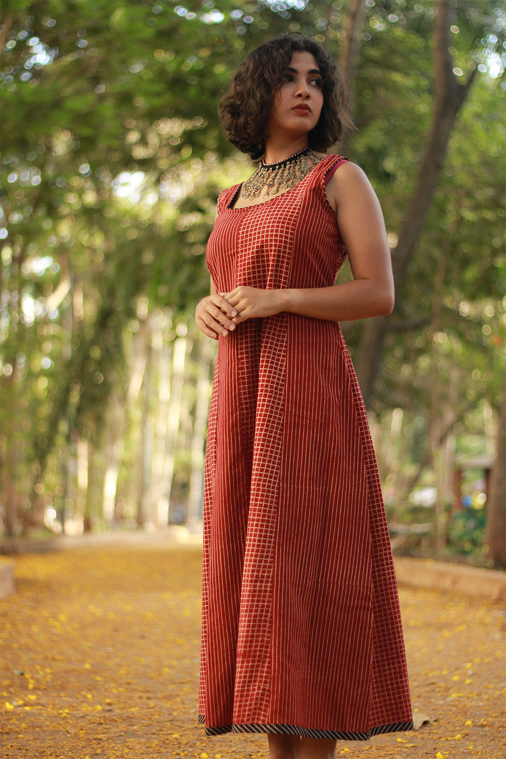 Dhaariyan | Sleeveless Kali Dress | Madder Stripes Ajrakh