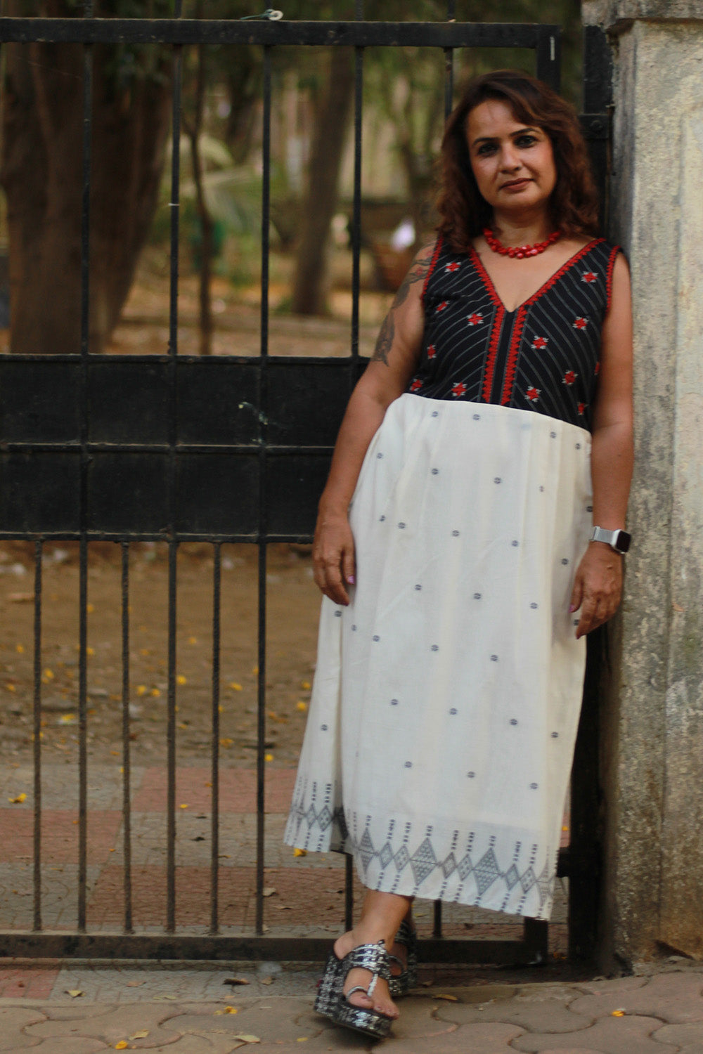 Maya | Long Dress | Ivory Jamdani with Sindhi Tanka