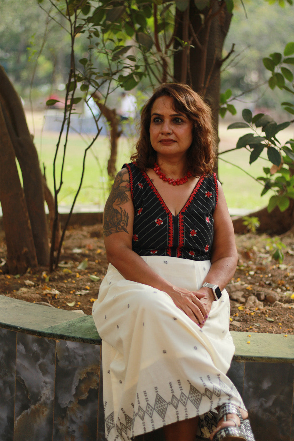 Maya | Long Dress | Ivory Jamdani with Sindhi Tanka