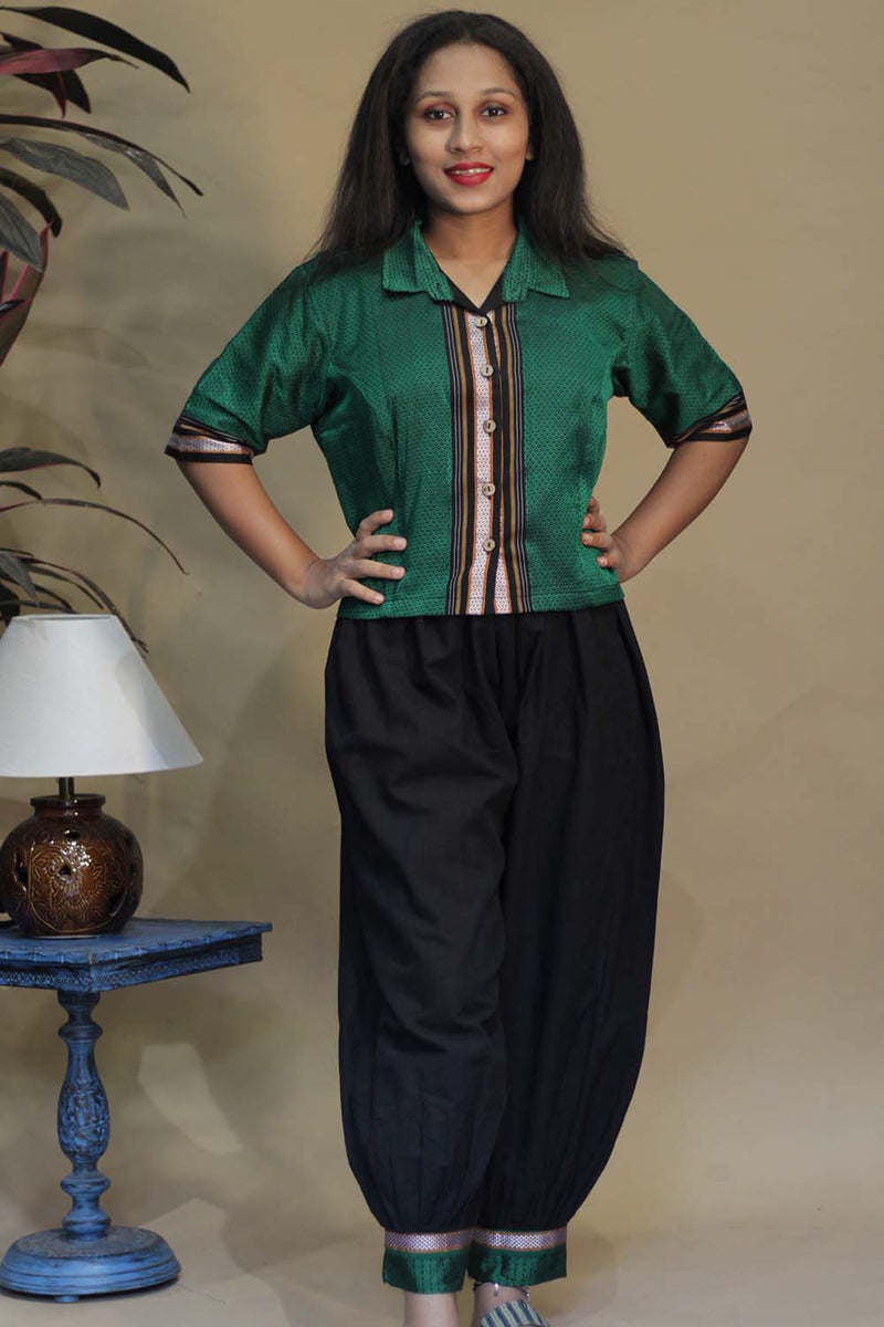 Ratnavali | Harem Pants | Midnight Black with Green Khunn