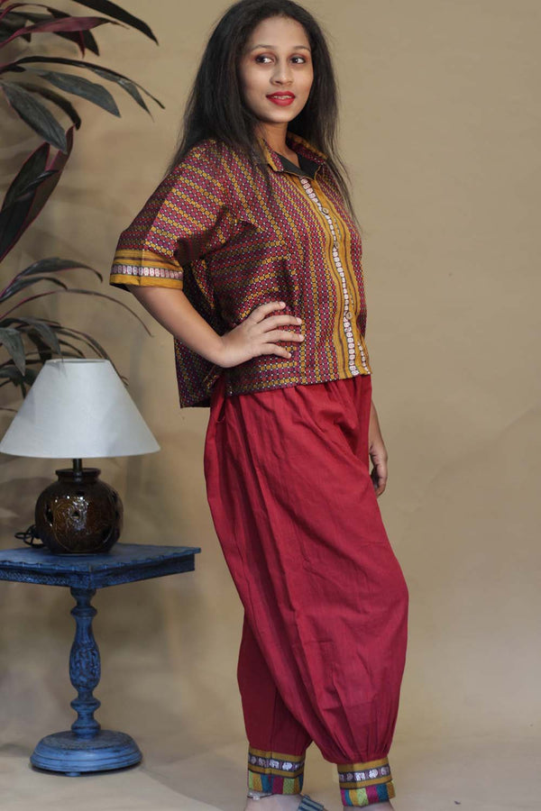 Ratnavali | Harem Pants | Crimson with Multicolour Khunn