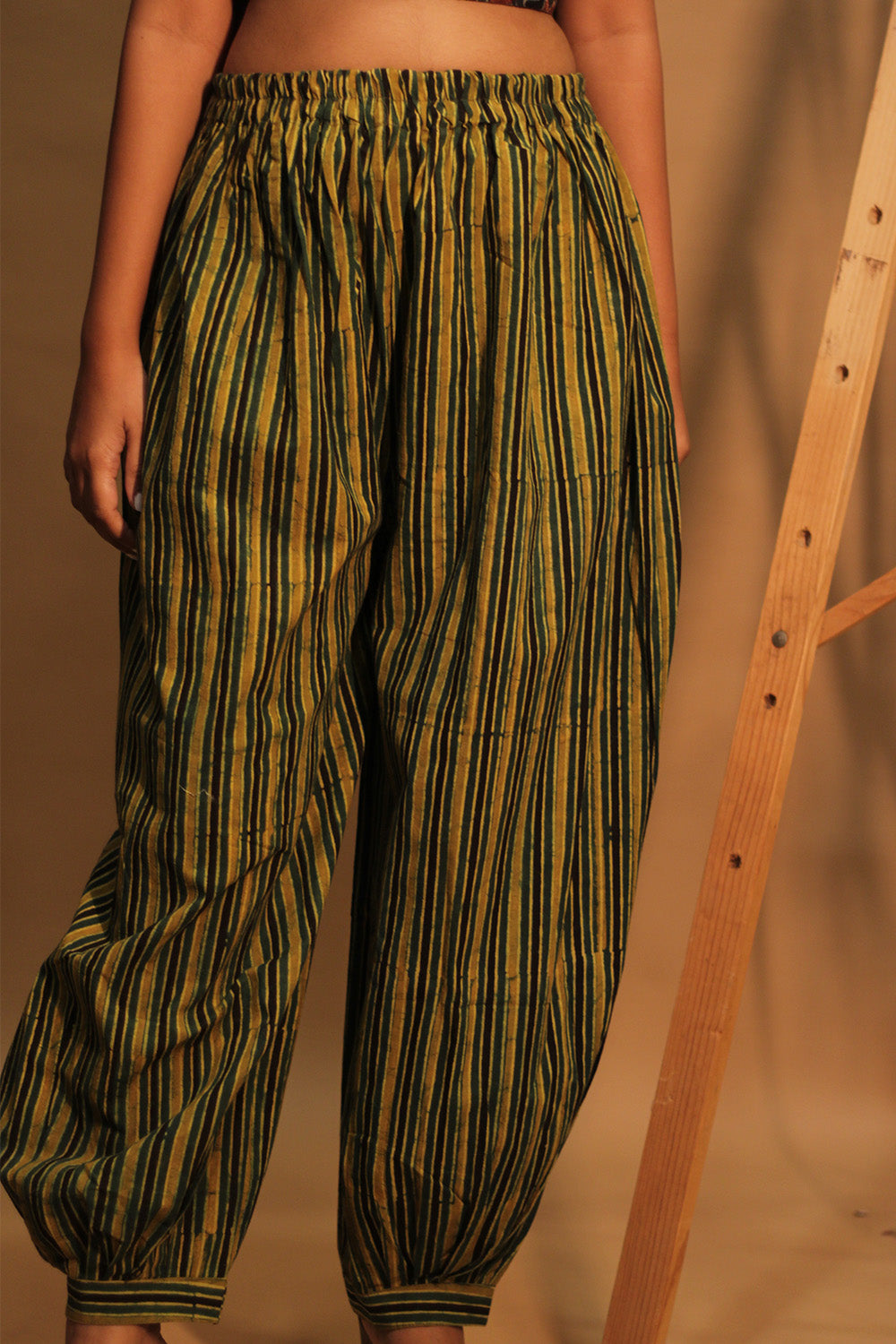 Suhaira | Harem Pants | Mustard Yellow & Green Stripes Ajrakh