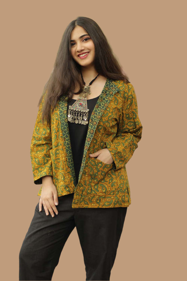 Dohra | Reversible Jacket | Ajrakh Mustard Kairi / Green Trellis