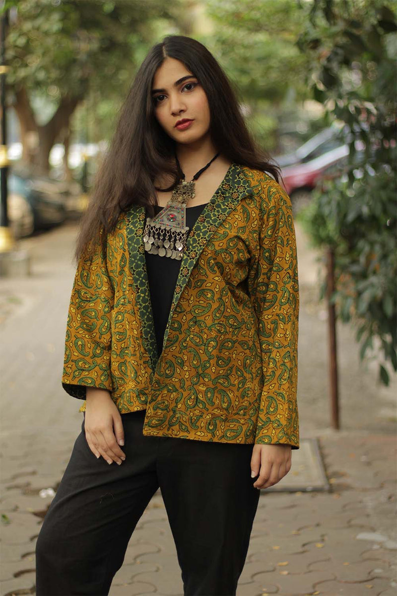 Dohra | Reversible Jacket | Ajrakh Mustard Kairi / Green Trellis
