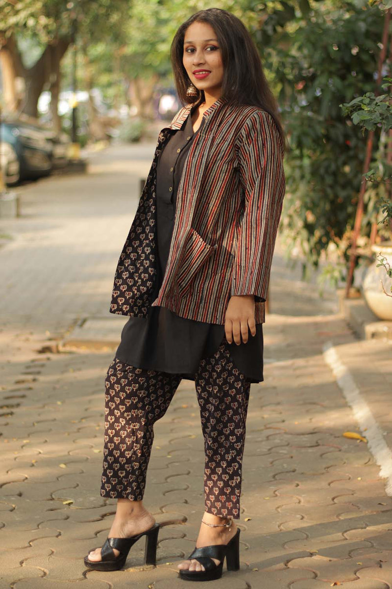 Dohra | Reversible Jacket | Ajrakh Noir Lotus/ Noir Maron Stripes