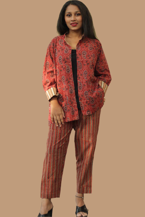 Dohra | Reversible  Jacket | Ajrakh Rust Kairi / Bagru Beige Stripes