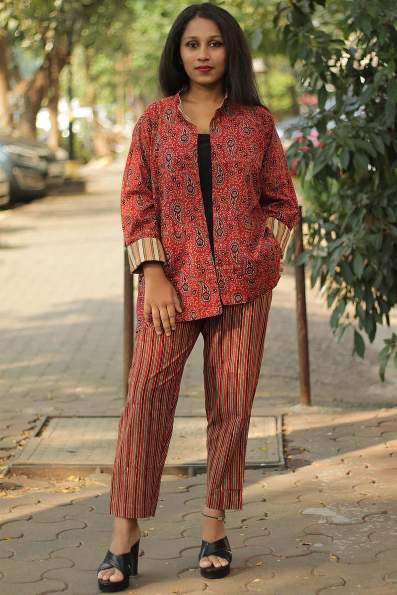 Dohra | Reversible  Jacket | Ajrakh Rust Kairi / Bagru Beige Stripes