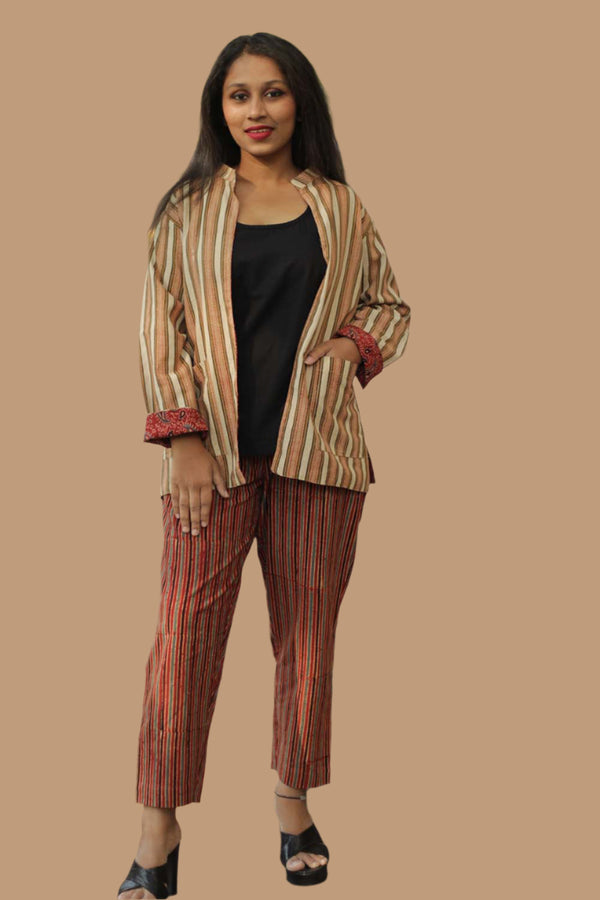 Dohra | Reversible  Jacket | Ajrakh Rust Kairi / Bagru Beige Stripes