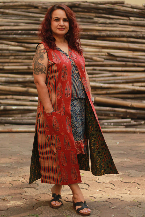 Dohra | Reversible Jacket | Rust Cypress /  Green Floral Ajrakh