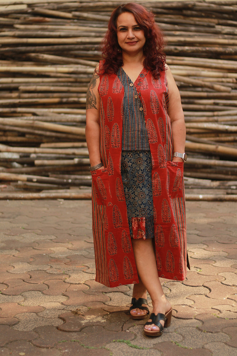 Dohra | Reversible Jacket | Rust Cypress /  Green Floral Ajrakh