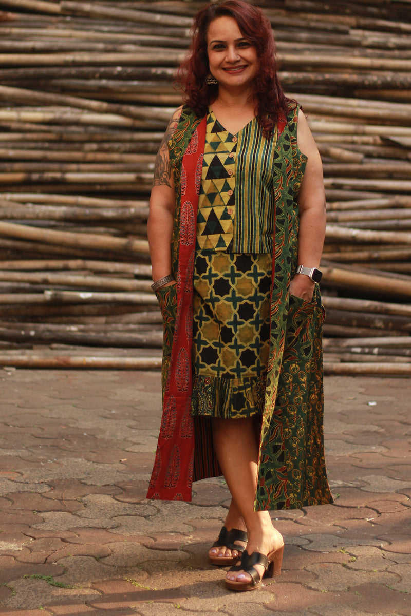 Dohra | Reversible Jacket | Rust Cypress /  Green Floral Ajrakh