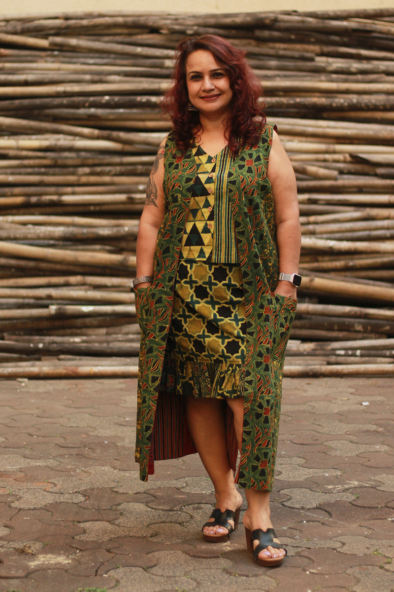 Dohra | Reversible Jacket | Rust Cypress /  Green Floral Ajrakh