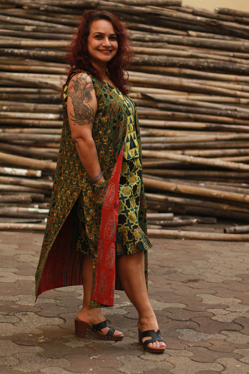 Dohra | Reversible Jacket | Rust Cypress /  Green Floral Ajrakh