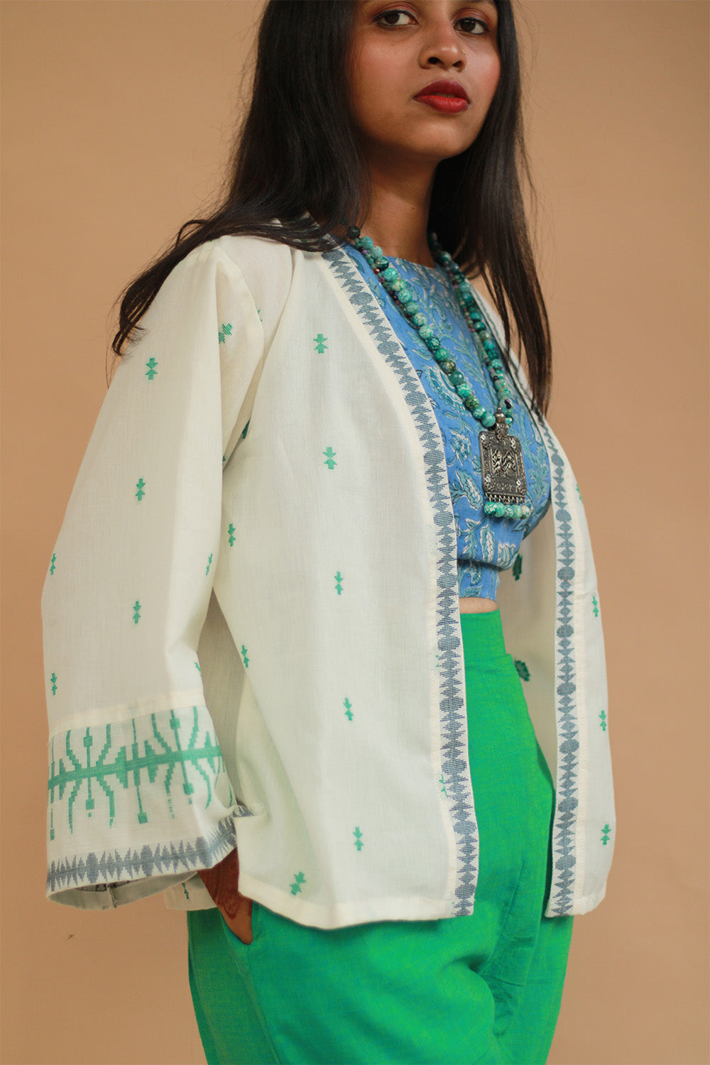 Raahat | Light Jacket | Jamdani | White with Green