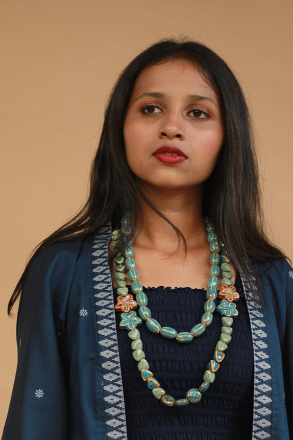 Necklace | Ceramic Beads | Floral Turquoise