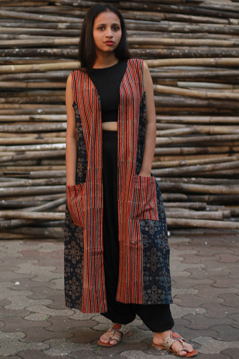 Dohra | Reversible Jacket | Rust Stripes / Blue Universe Ajrakh