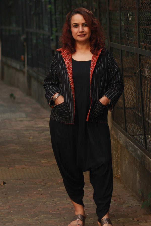 Dohra | Reversible Jacket |  Rust Lotus Ajrakh  /  Noir Stripes