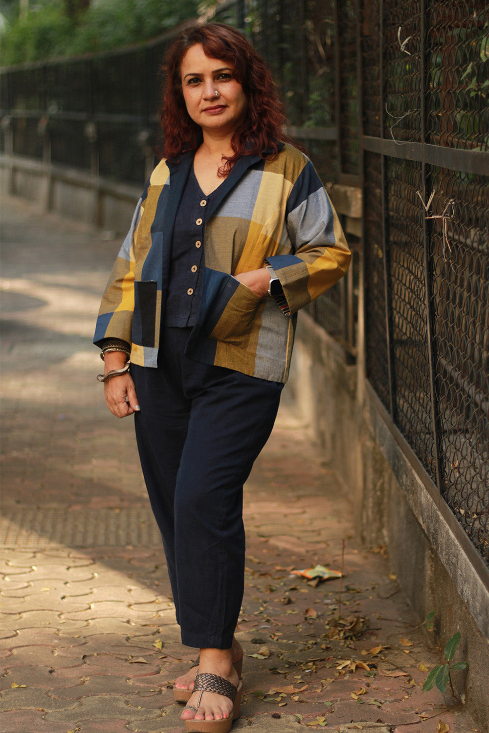 Dohra | Reversible Jacket | Checkered Medley  /  Simply Blue with Ajrakh