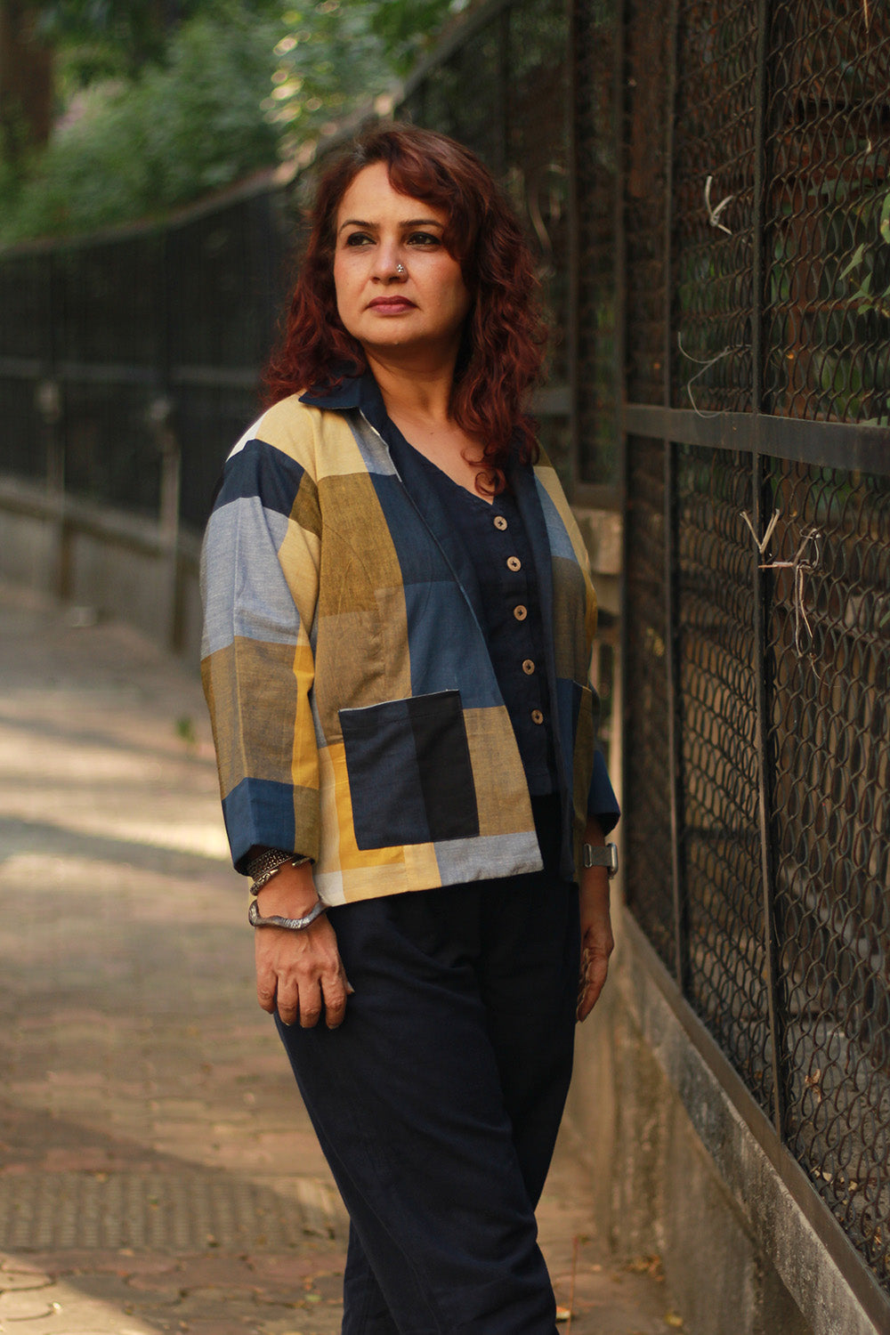Dohra | Reversible Jacket | Checkered Medley  /  Simply Blue with Ajrakh