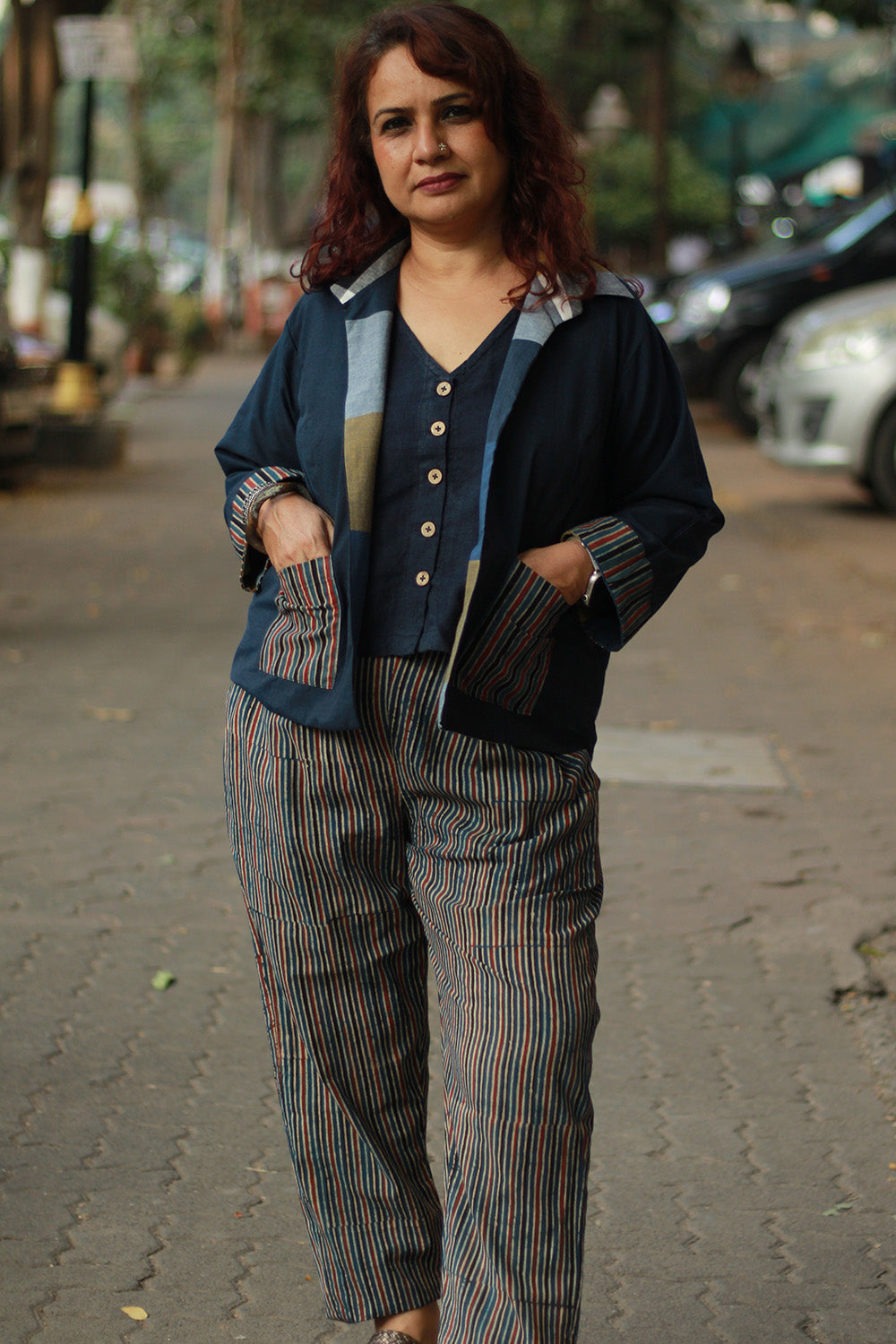 Dohra | Reversible Jacket | Checkered Medley  /  Simply Blue with Ajrakh