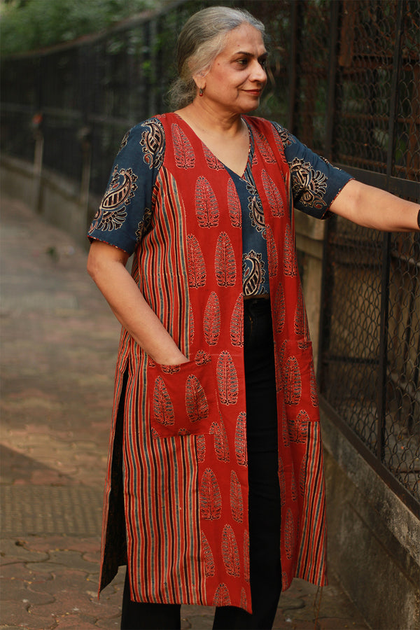 Dohra | Reversible Jacket | Rust Cypress /  Green Floral Ajrakh