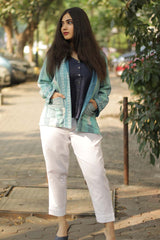 Reversible Short Jacket- Teal Kantha and Stripes