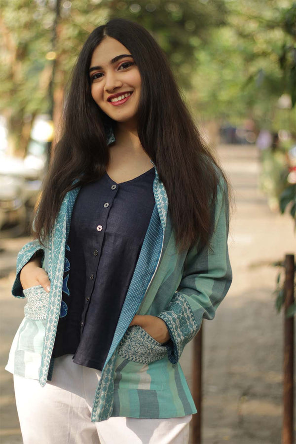 Reversible Short Jacket- Teal Kantha and Stripes