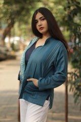 Reversible Short Jacket- Teal Kantha and Stripes